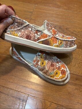 Sanuk Floral Slip-On Loafers in Orange, Yellow & Brown